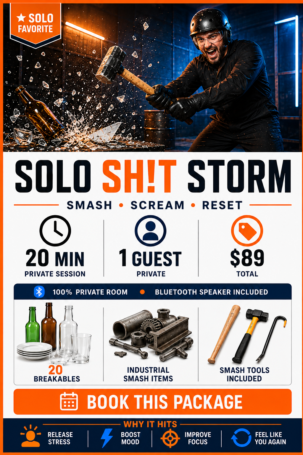 A man in black protective gear, helmet, and gloves smashing glass bottles with a wooden hammer, with shattered glass flying around in an industrial-style room. The image promotes a private smashing activity package.