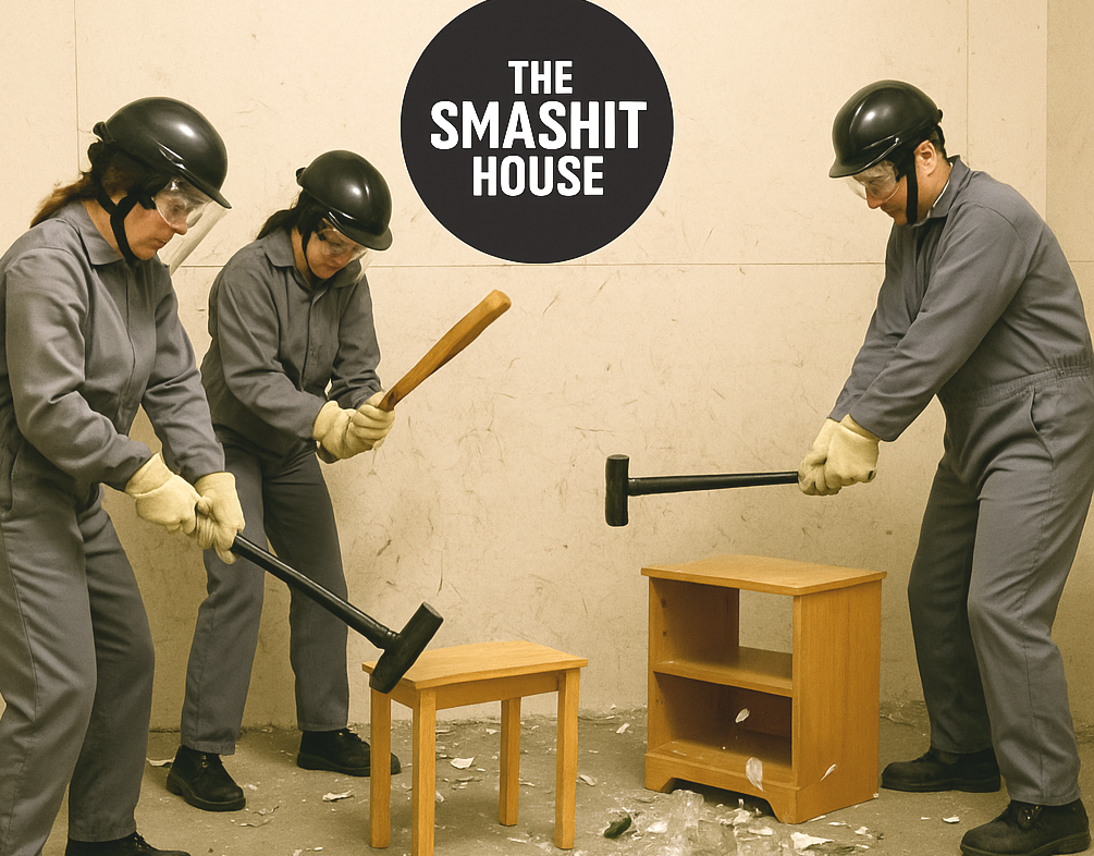 Four people in gray jumpsuits, wearing helmets and goggles, breaking furniture with hammers in front of a beige wall with a black circle sign that reads 'The Smashit House.'