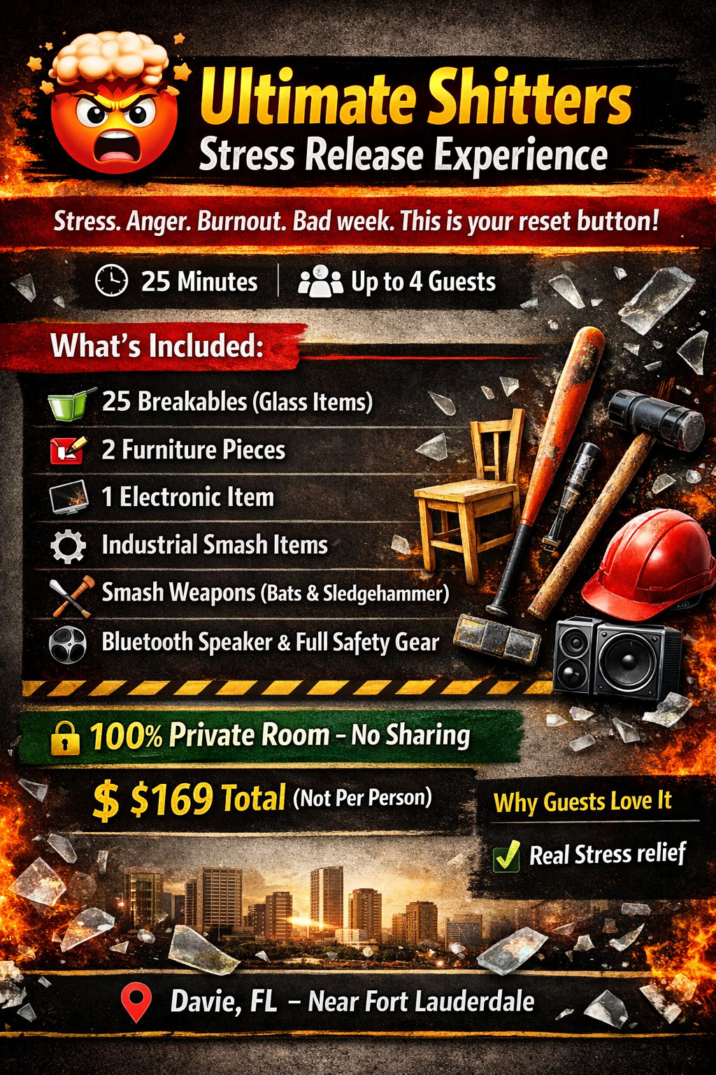ultimate rage room package for 4 guests at the smashit house
