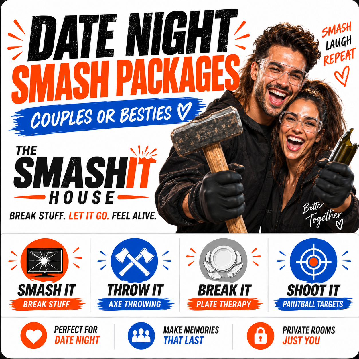 A promotional poster for a date night activity called 'The Smash House', featuring a happy couple wearing safety glasses, holding a hammer and a bottle, with the text 'Date Night Smash Packages' and phrases like 'Break stuff, let it go, feel alive'. The poster also details different activities like smashing stuff, axe throwing, plate therapy, and paintball targets, with icons and brief descriptions. Additional text highlights that the experience is perfect for date night, makes lasting memories, and offers private rooms.