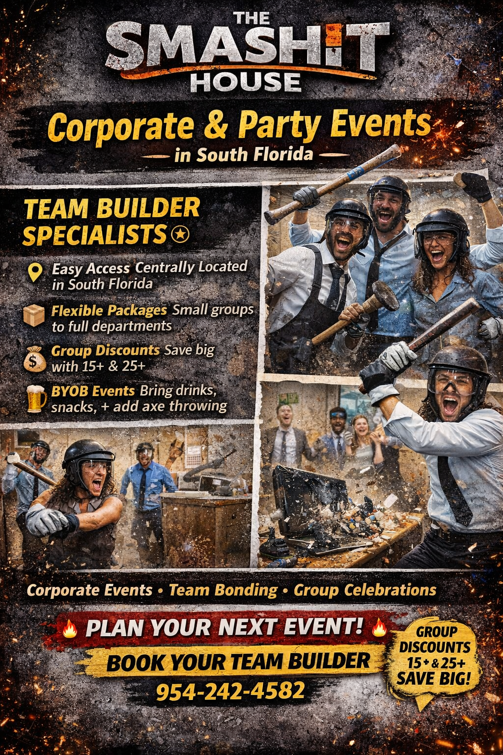 Advertisement for The Smash House in South Florida offering corporate and party events, featuring images of people celebrating and participating in team-building activities like axe throwing.