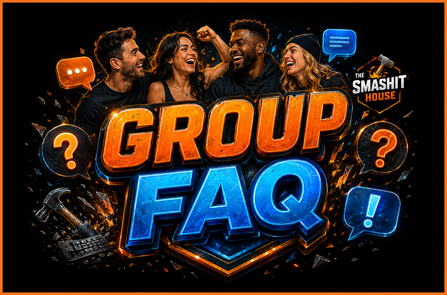 A group of four diverse people smiling and laughing, with large 3D text that reads 'GROUP FAQ'. The background is dark with flying debris and icons of a hammer, chat bubbles, question marks, and a keyboard, indicating a lively, energetic atmosphere.