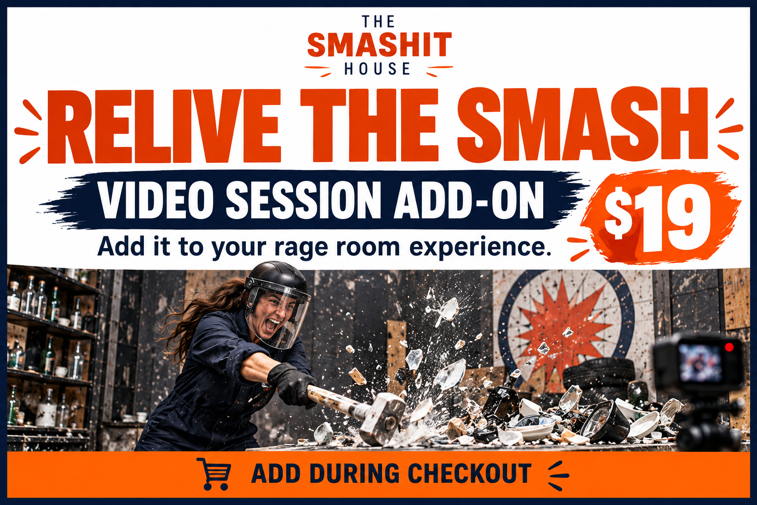 A woman wearing a helmet and face shield smashing a pile of dishes with a hammer inside an industrial space, with shelves of bottles in the background.