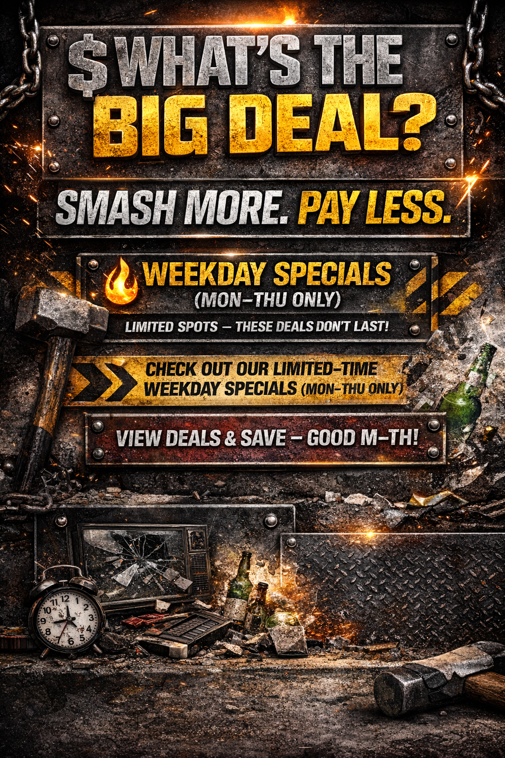 A rugged, industrial-style sign with bold text advertising weekday specials with limited time deals. The background features a gritty, damaged surface with chains, an anvil, broken electronics, and bottles, creating a intense, fiery atmosphere.