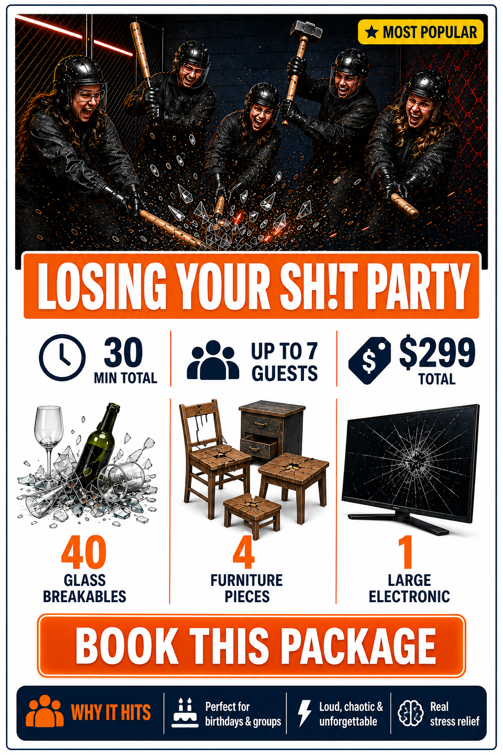 A promotion for a party package titled "Losing Your Sh!t Party" featuring five women in black helmets and jackets hitting objects with bats. The package includes 40 glass breakables, 4 furniture pieces, and 1 large electronic, with a total cost of $299 for up to 7 guests. The package lasts 30 minutes and is suitable for birthdays and groups, emphasizing that it is loud and stress-relieving.