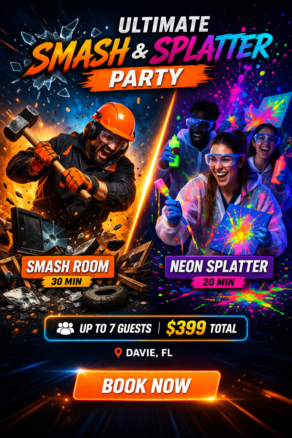 A promotional poster for a smash and splatter party featuring a split scene. On the left, a man wearing safety goggles and an orange helmet smashes a screen with a hammer in a chaotic explosion with debris. On the right, a group of people in protective gear hold spray bottles and paint splatters, celebrating a neon splatter event. Upper text reads 'Ultimate Smash & Splatter Party,' with details about the activities, duration, cost, location, and booking information.