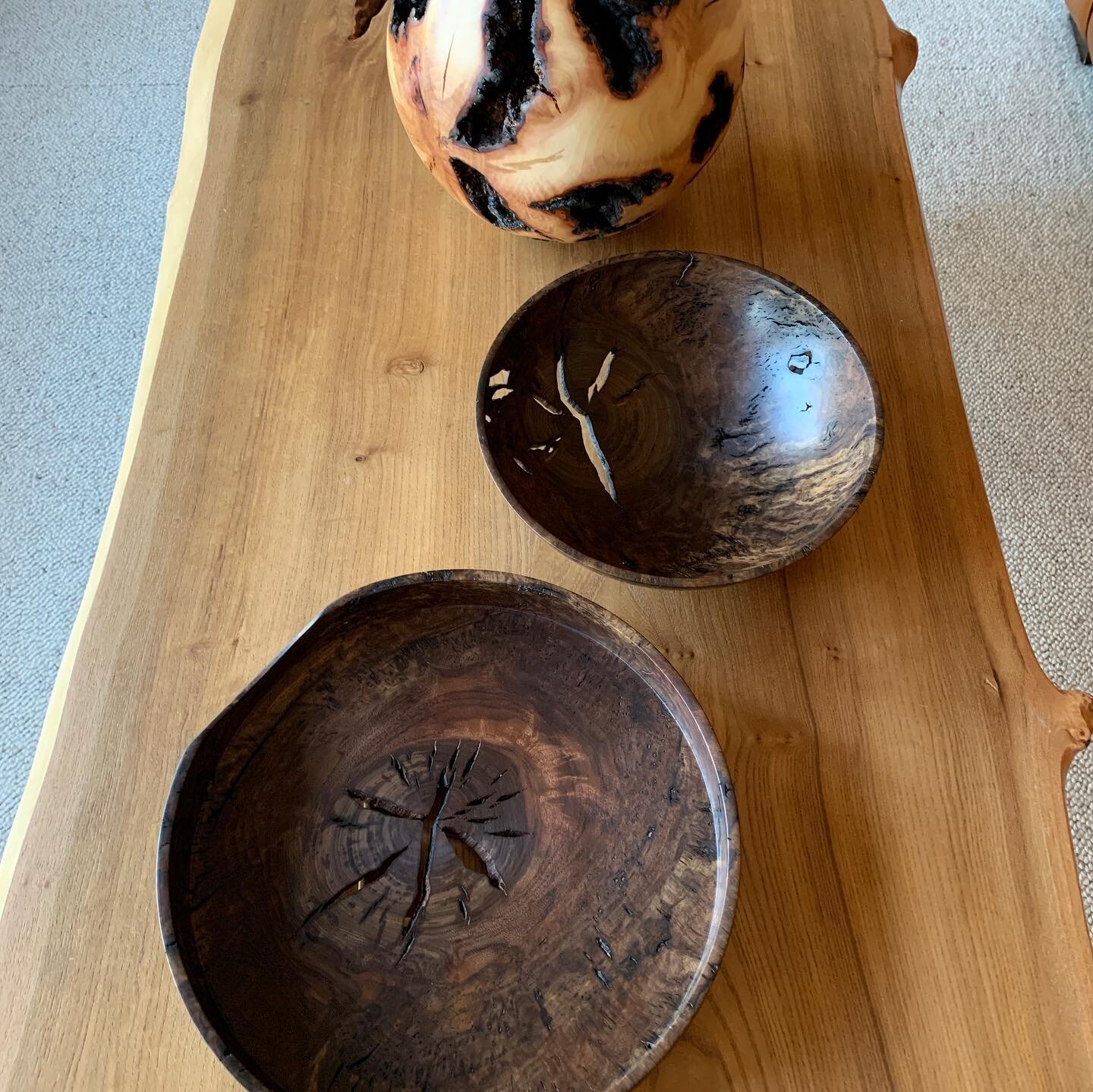 Finish on recent works with cracks and craters. Mistletoe Walnut Burl and Madrone.