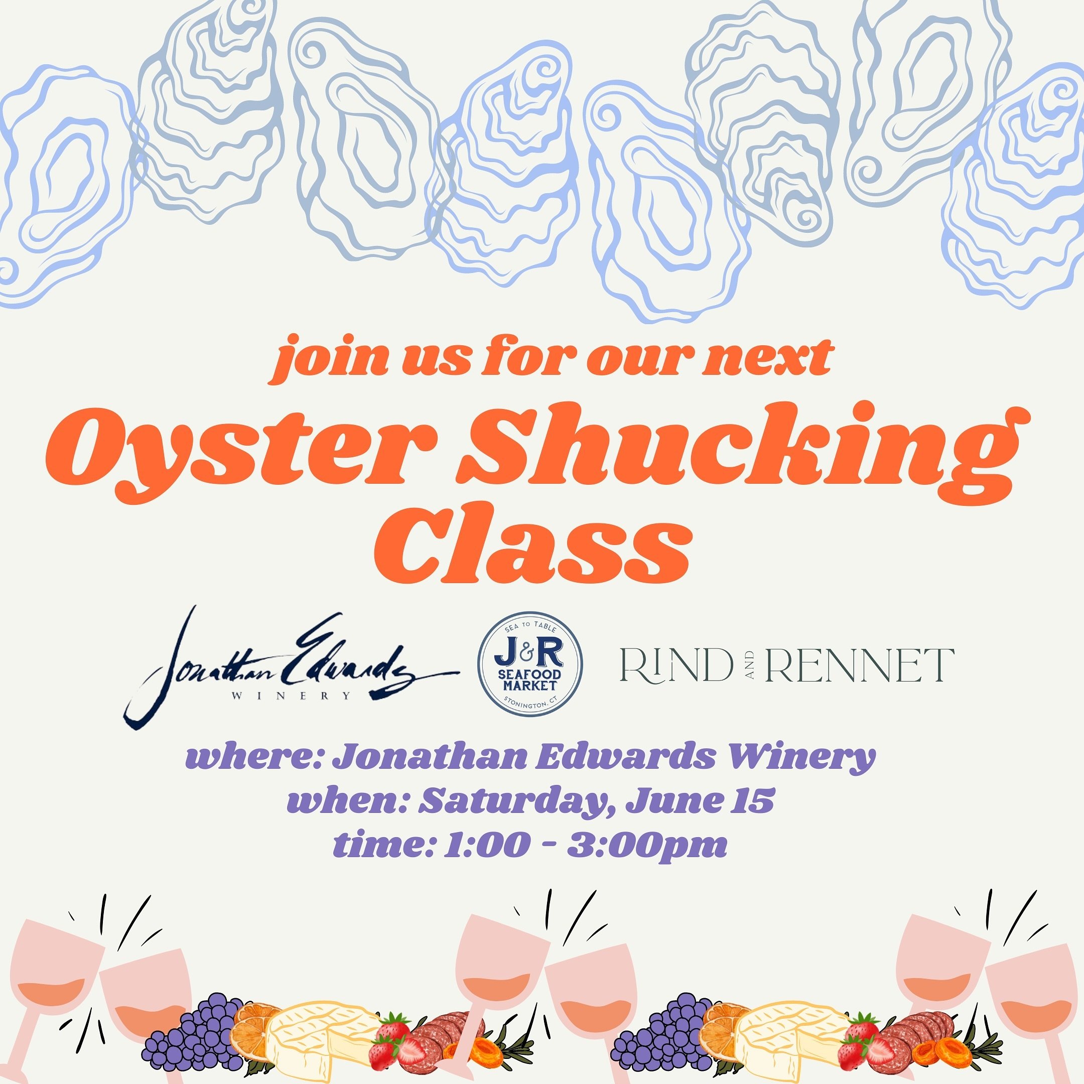 Our next Oyster Shucking Class date has been decided! 🦪 Join us on Saturday, June 15! This time around we will be at @jedwardswinery for some shuckin&rsquo;, sippin&rsquo; 🍷 &amp; grazin&rsquo; 🧀 🍇 🍓 Who is going to join us?! ✨ Only 25 tickets a