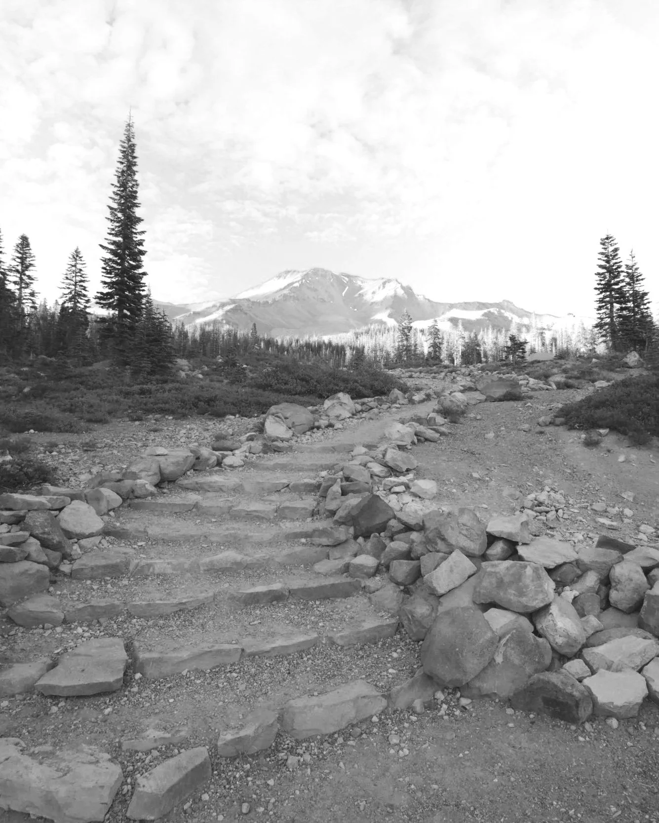 Stone steps ascending through a mountain landscape near Mt. Shasta, photographed by Gabriel Messuti