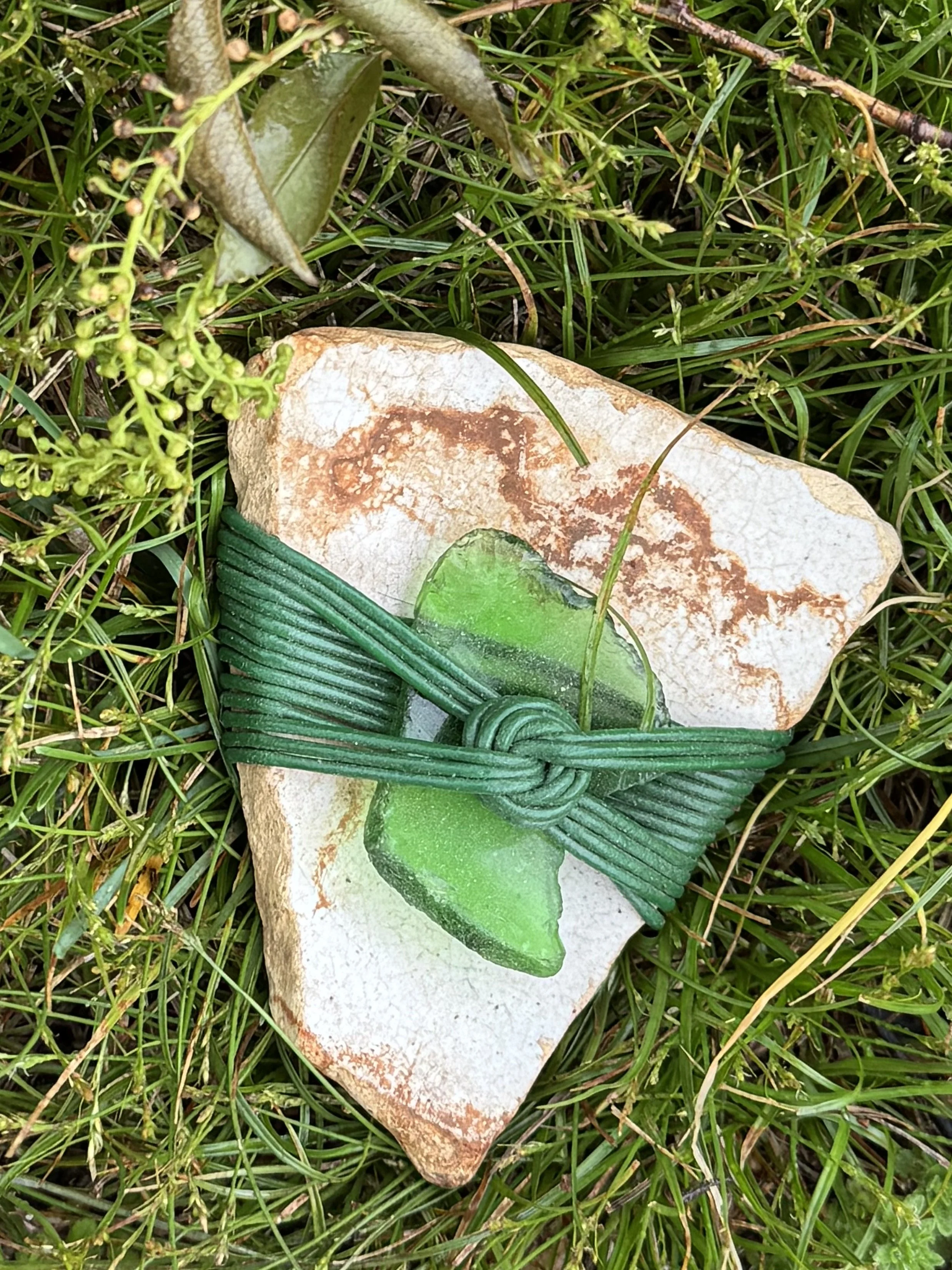 Wrapped Pottery Shard with Green Glass