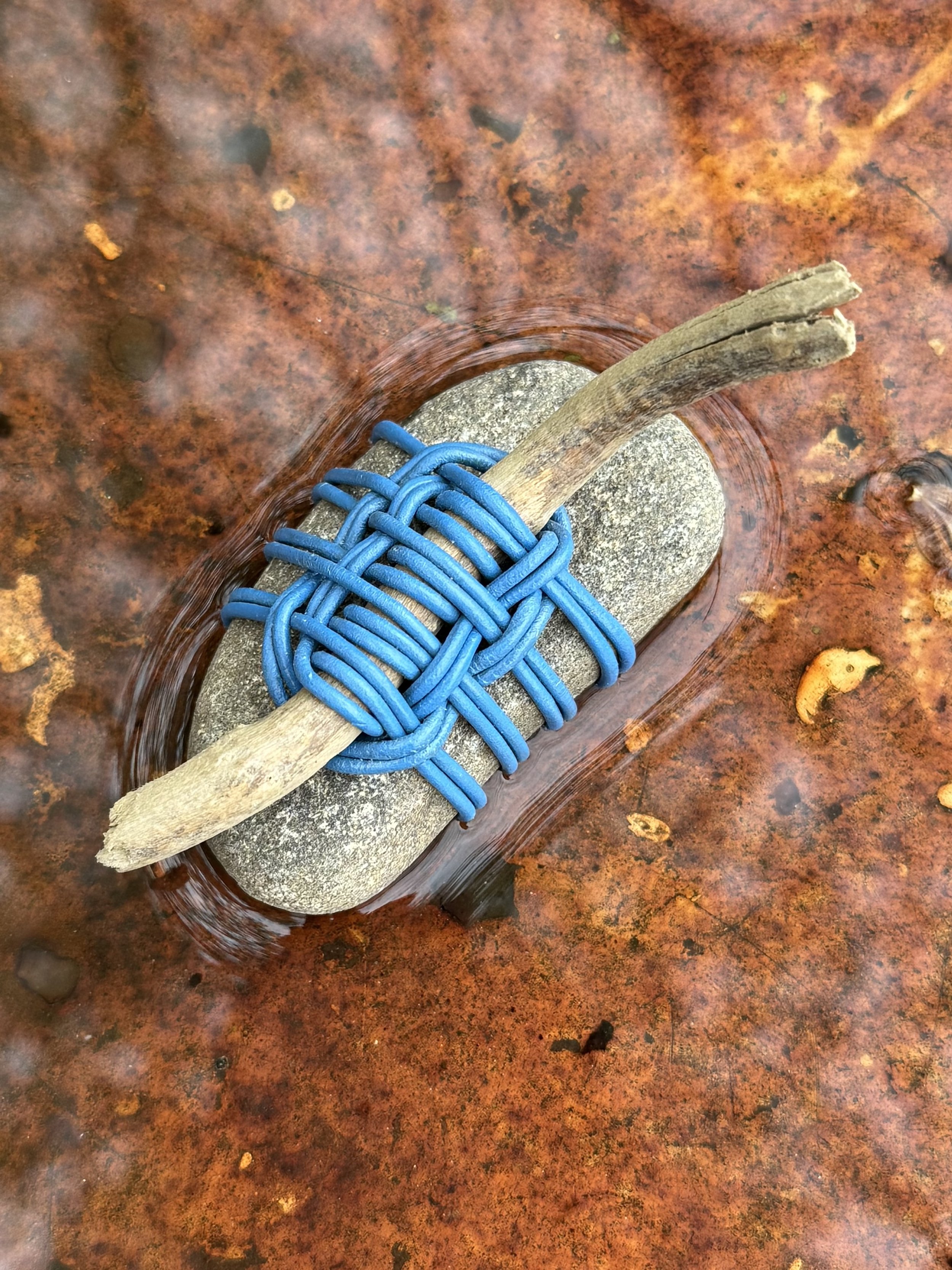 Blue Wrapped Stone with Driftwood