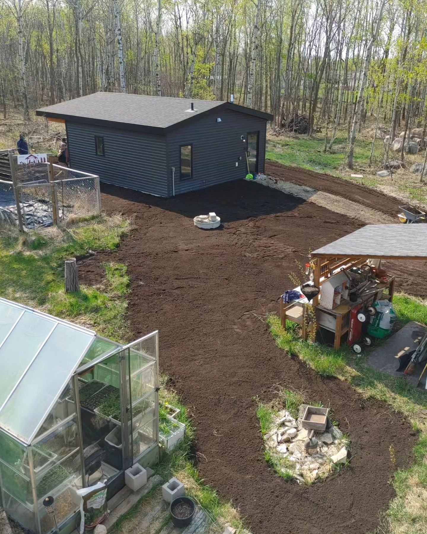 Studio-in-the-woods got some much needed work! The last major expense. 😅 Waiting to green up and welcome summer 2024 TINTA Experience guests! Local landscape company worked on grading and seeding around the studio yesterday morning. Perfect timing a
