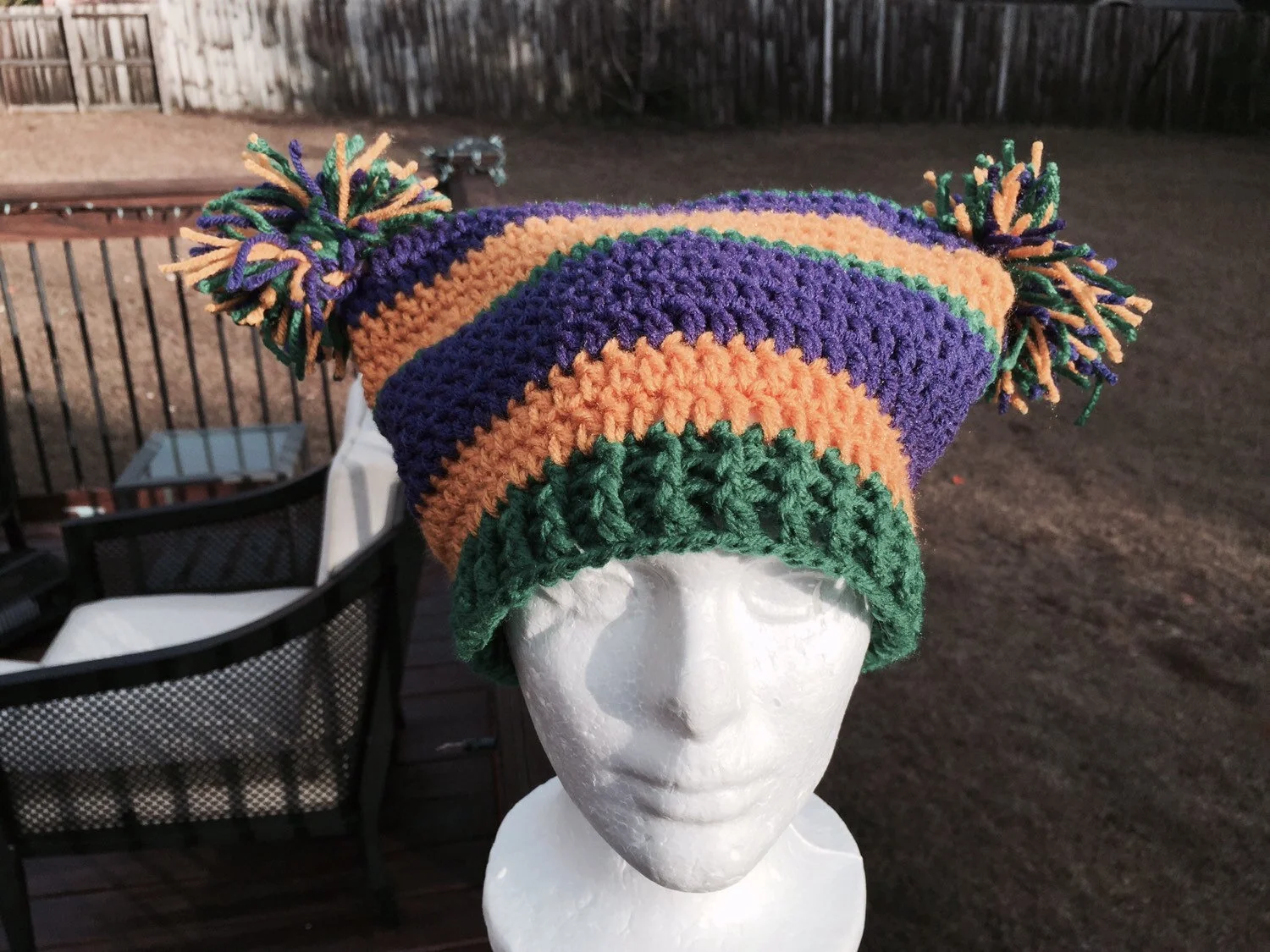 Mardi Gras Handcrafted Double Crochet Square Hat w/ Pom Poms  display picture 3