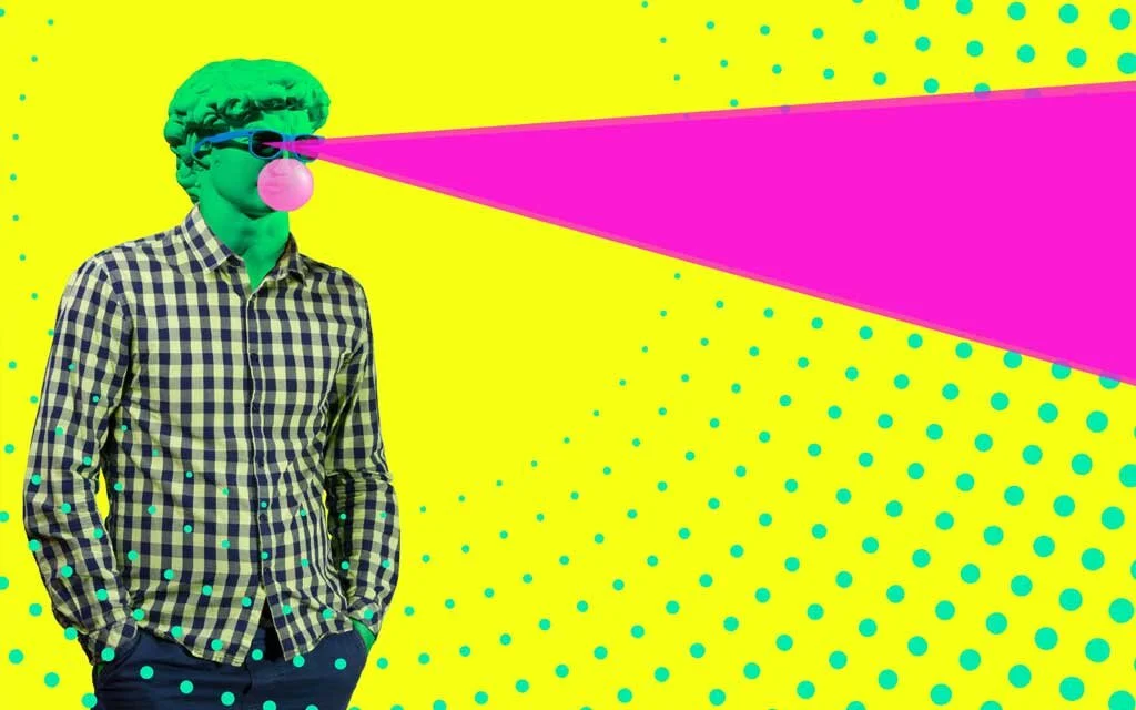 Person with their face and neck painted green wearing a checkered shirt, pink sunglasses, and a pink bubble gum, with pink laser beams emitting from their eyes. Created as part of Kris Growcott's branding of Glimmer - a pop-up drive-in.