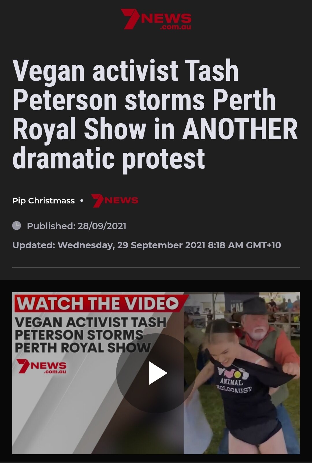 Vegan activist Tash Peterson storms Perth Royal Show in ANOTHER dramatic  protest