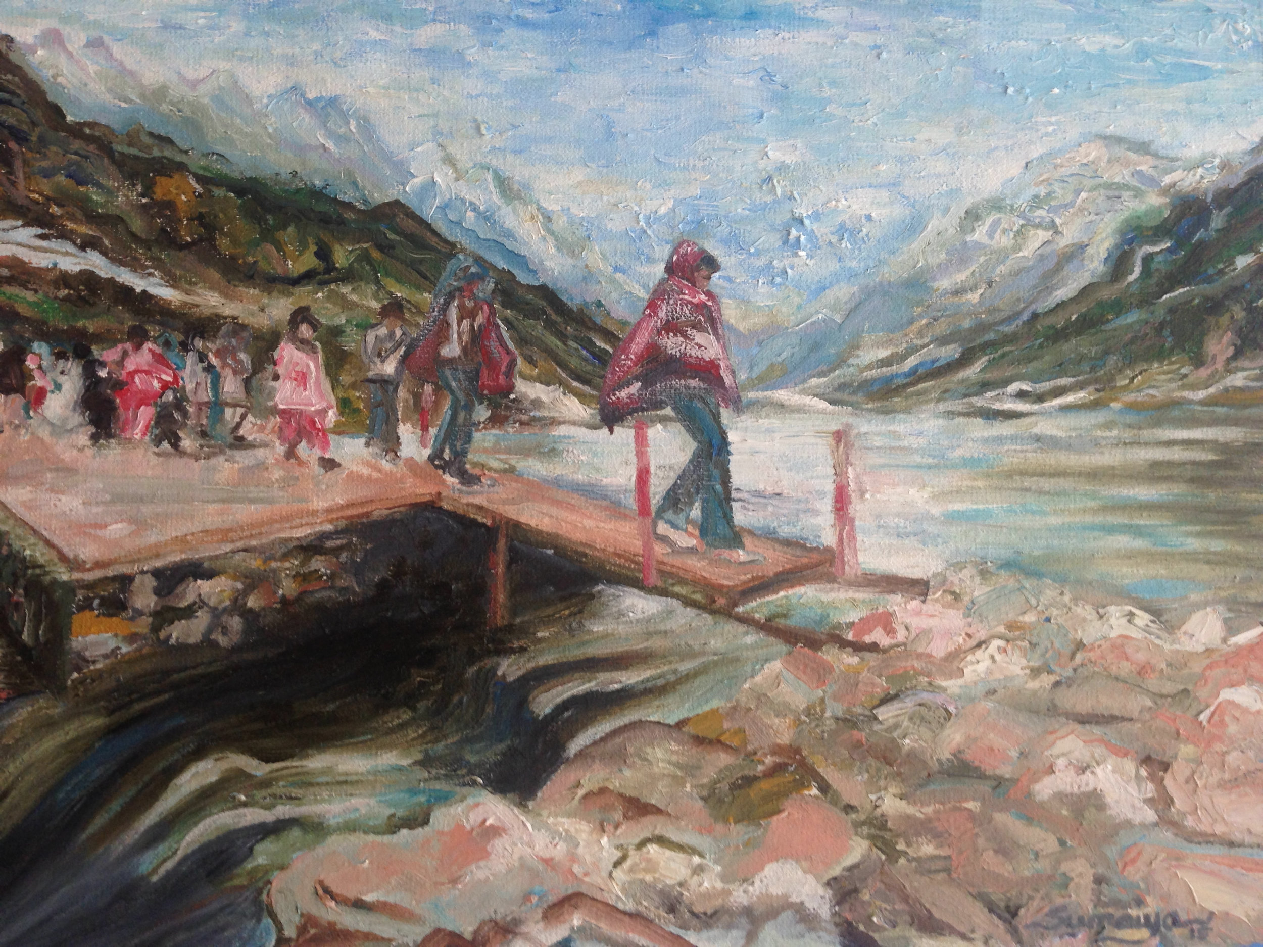 Family trip - girl crossing lake