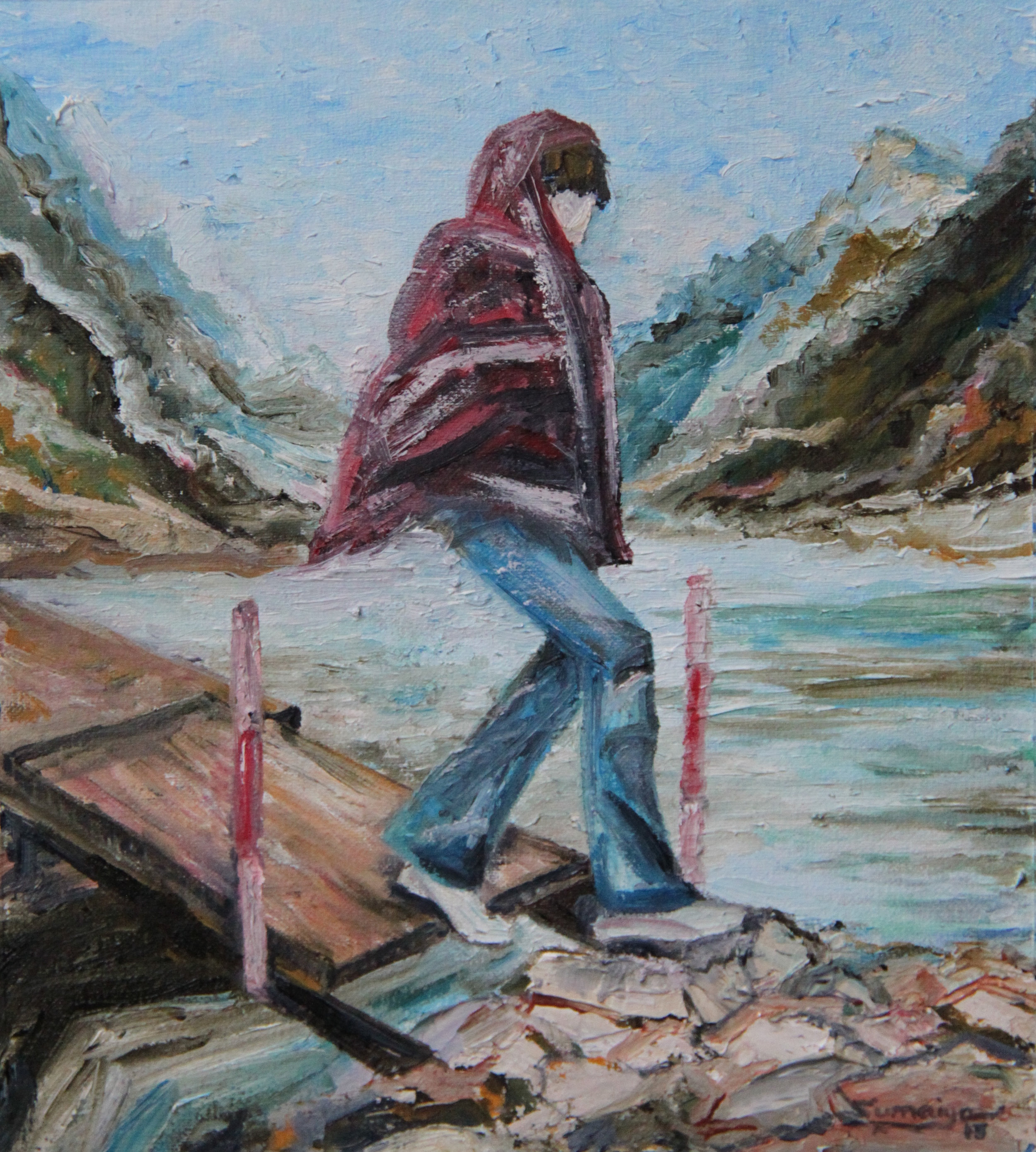 Girl crossing lake - zoomed in