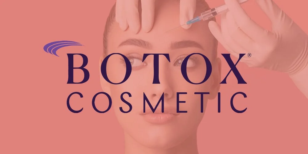 A woman receiving a Botox injection in her forehead from a healthcare professional, with the words "Botox Cosmetic" overlaid.