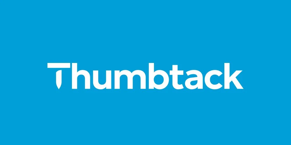 The image displays the logo of Thumbtack, a website with a blue background and the company name in white text, with a small thumbtack icon replacing the letter 'T' at the beginning.