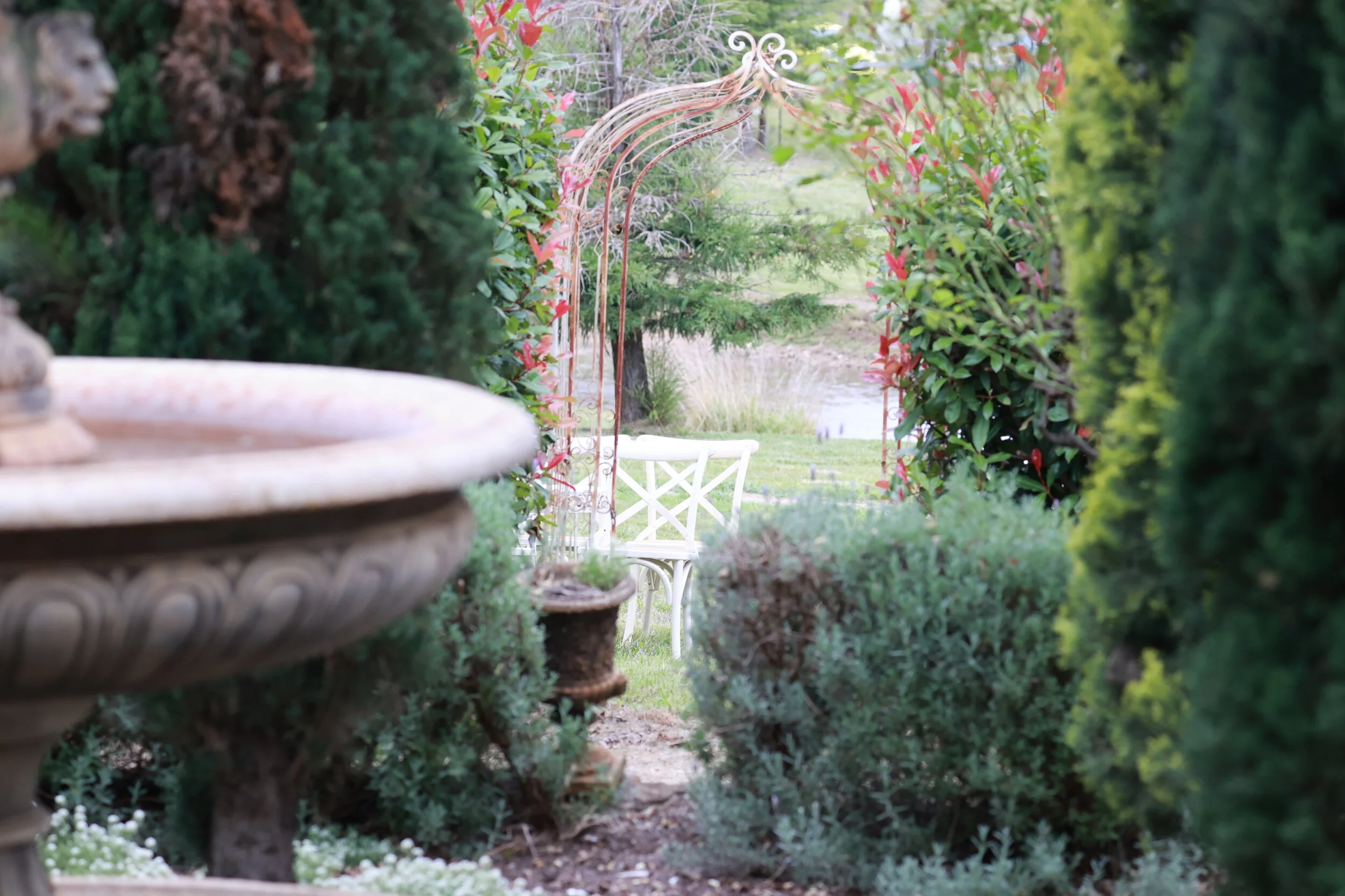 Archways and water fountains adorn the grounds
