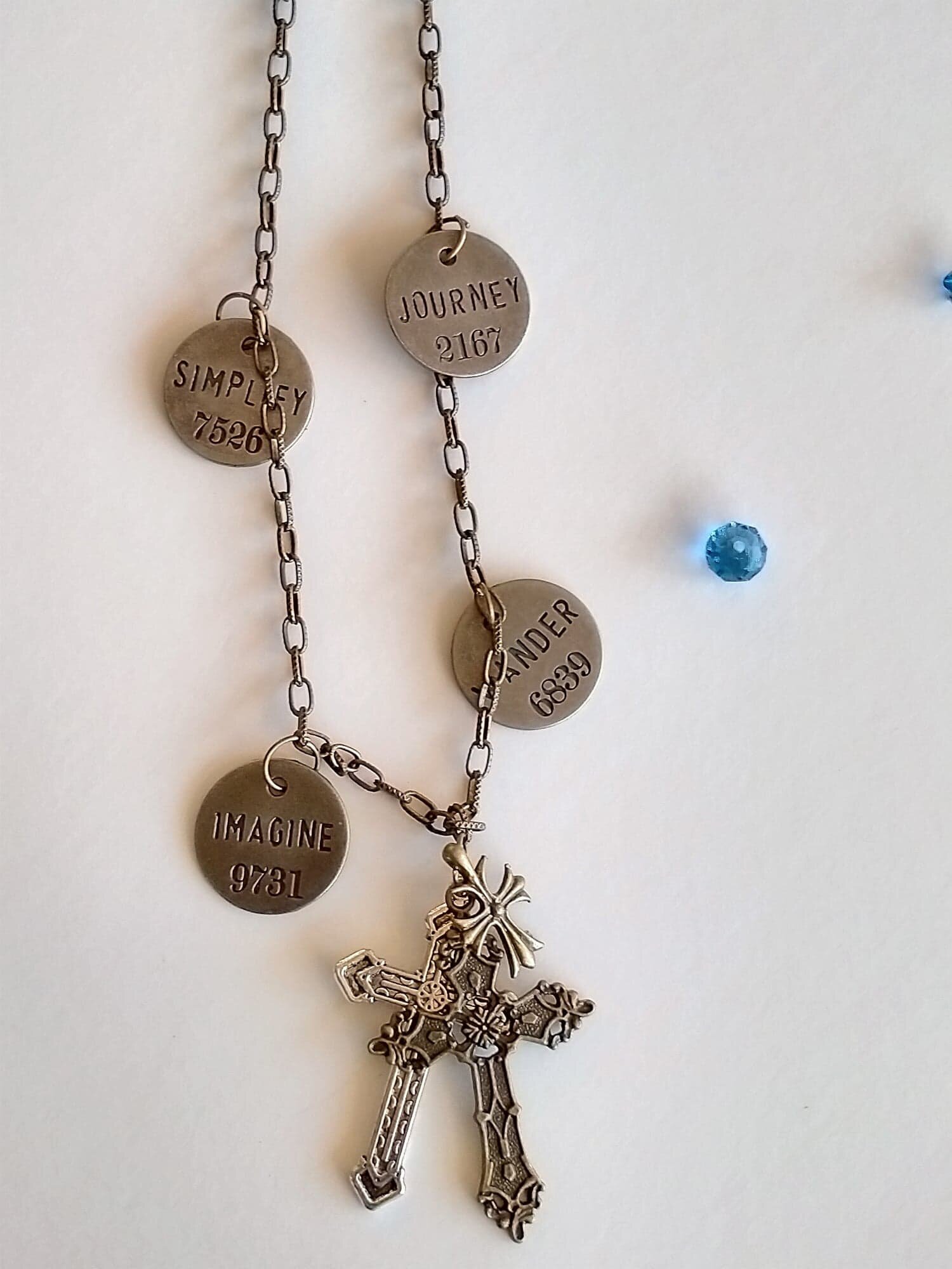 Christian Jewellery - Necklace - Journey Simplify Imagine and Wander withBlue Glass beading on Antiqued Gold chain