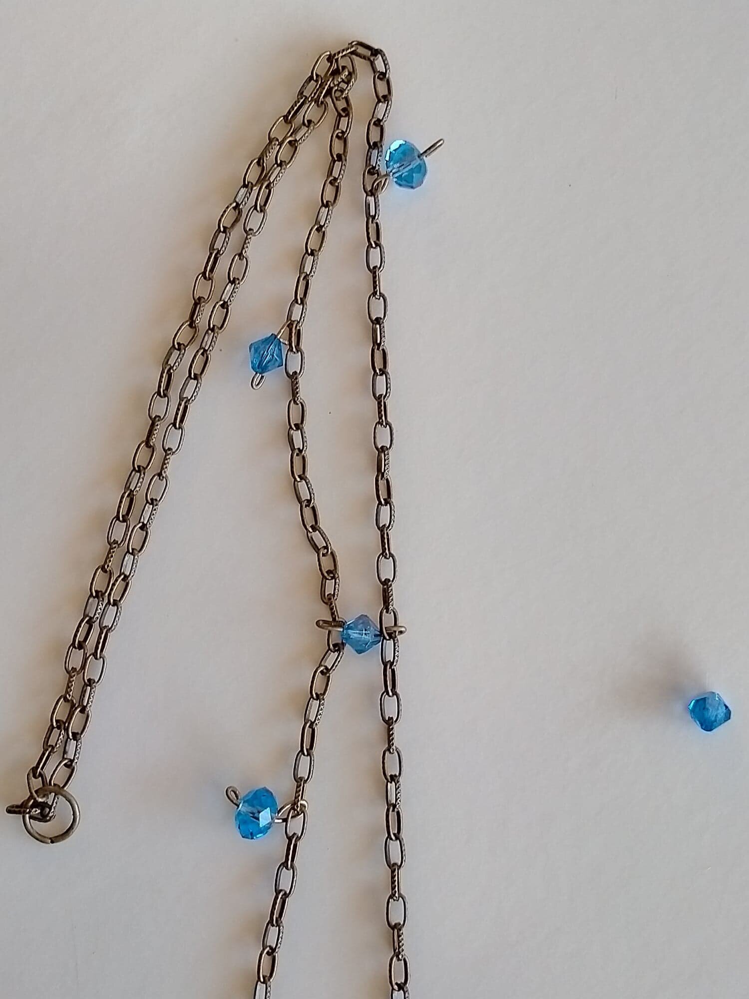 Christian Jewellery - Necklace - Journey Simplify Imagine and Wander withBlue Glass beading on Antiqued Gold chain