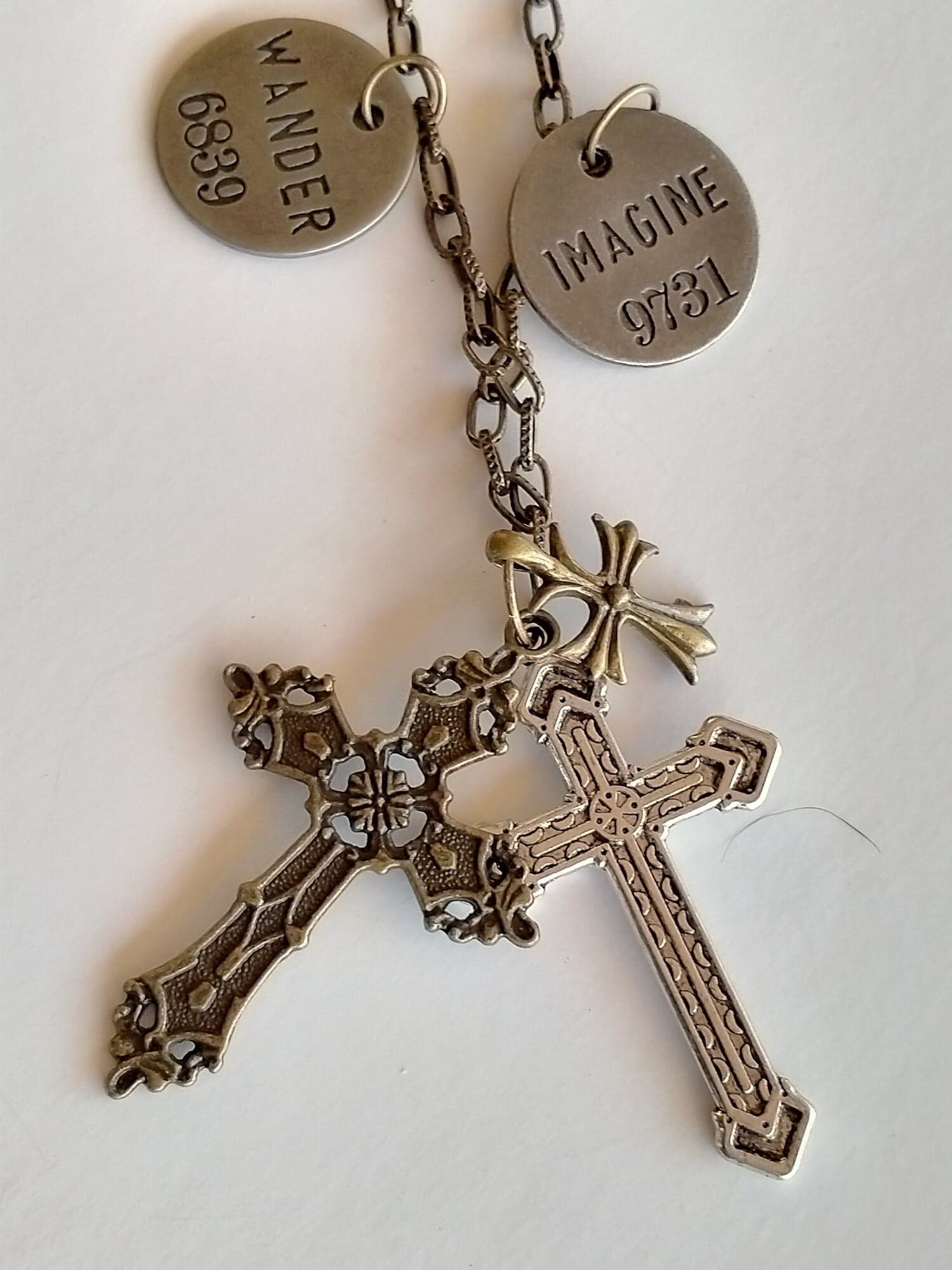 Christian Jewellery - Necklace - Journey Simplify Imagine and Wander withBlue Glass beading on Antiqued Gold chain