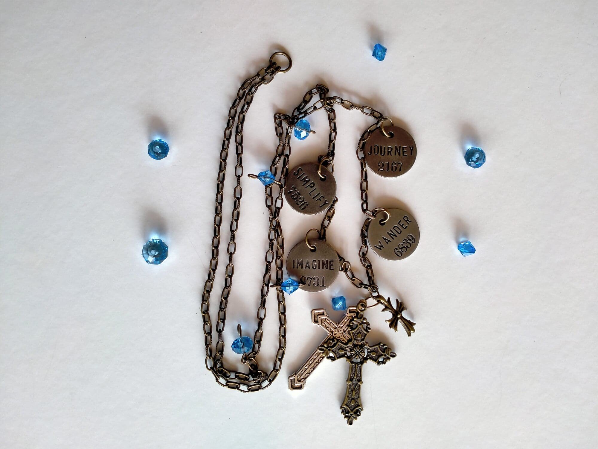 Christian Jewellery - Necklace - Journey Simplify Imagine and Wander withBlue Glass beading on Antiqued Gold chain