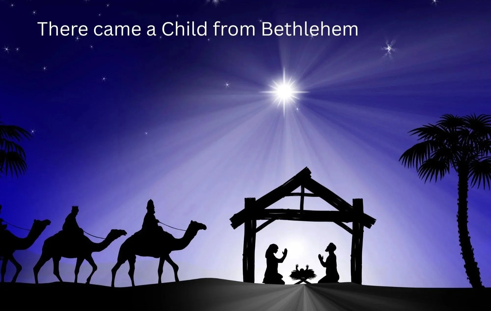 Silhouette of the nativity scene with figures of Mary, Joseph, baby Jesus, and the manger, set against a night sky with stars and the bright star of Bethlehem, with palm trees and a small stable structure. Sign up and receive 25% off until 31/12/2026