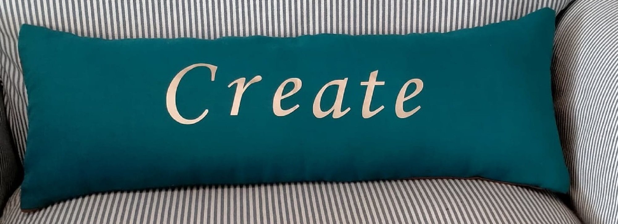 Linen Cushion - Teal - 55 x 20cm Rectangular - Gold lettering of the word Create