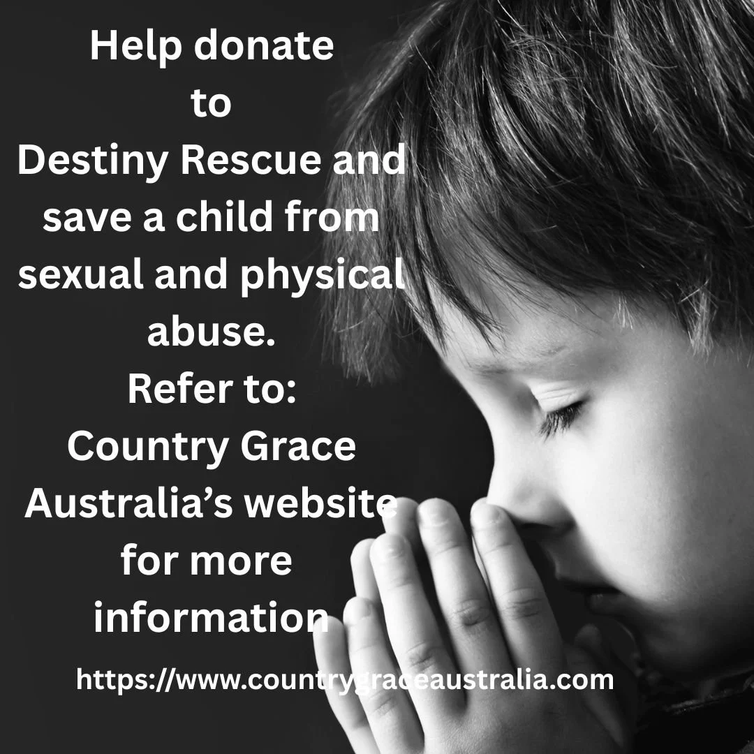 A black-and-white photo of a young child with eyes closed and hands clasped, with overlaid white text requesting donations for Destiny Rescue to help save children from sexual and physical abuse, and providing a website link for more information.