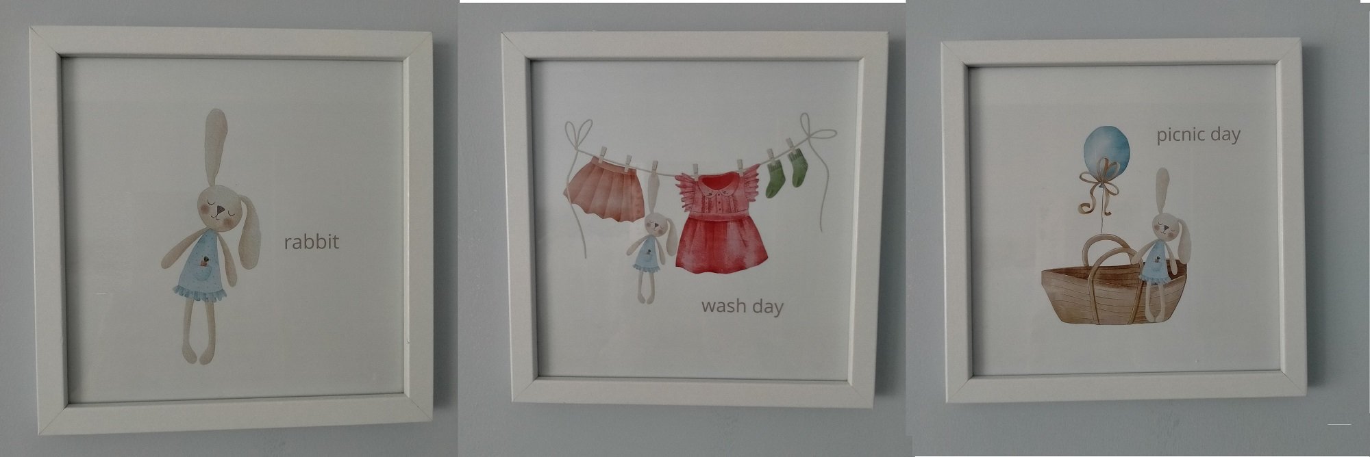 Vintage Look Rabbit Prints - White Wooden and Glass Frame - Set of Three or sold individually