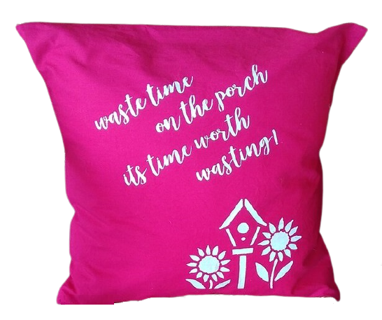Stencilled Cushion in 100% Cotton in a gorgeous Fuchsia Pink. Measuring 50cm square. It will look great on your porch with your other cushions.
