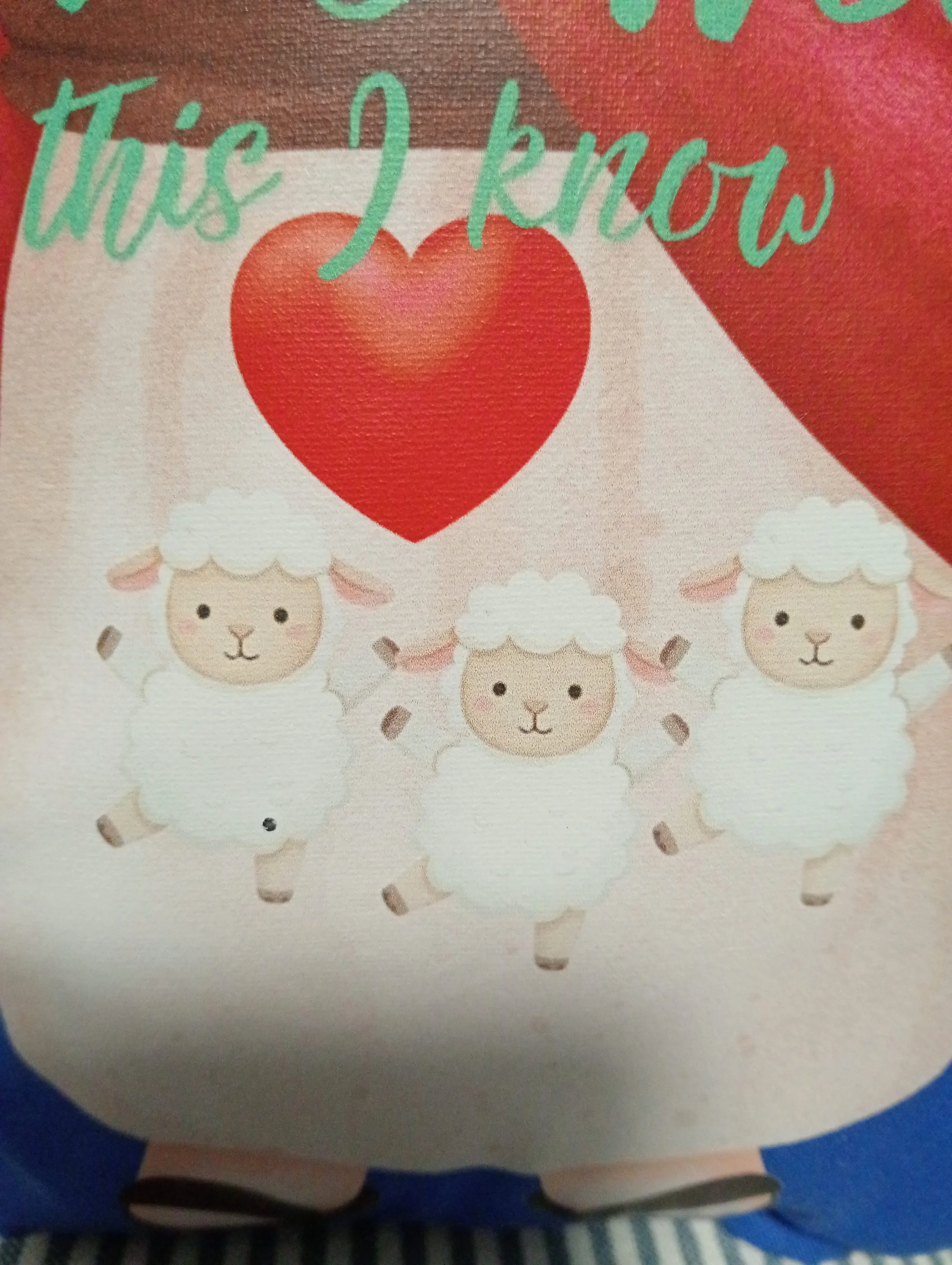 An adorable adaption of Jesus in the form of a huggable cushion. Comes with the phrase ‘Jesus loves Me This I know’ and three baby lamb’s on His lap.