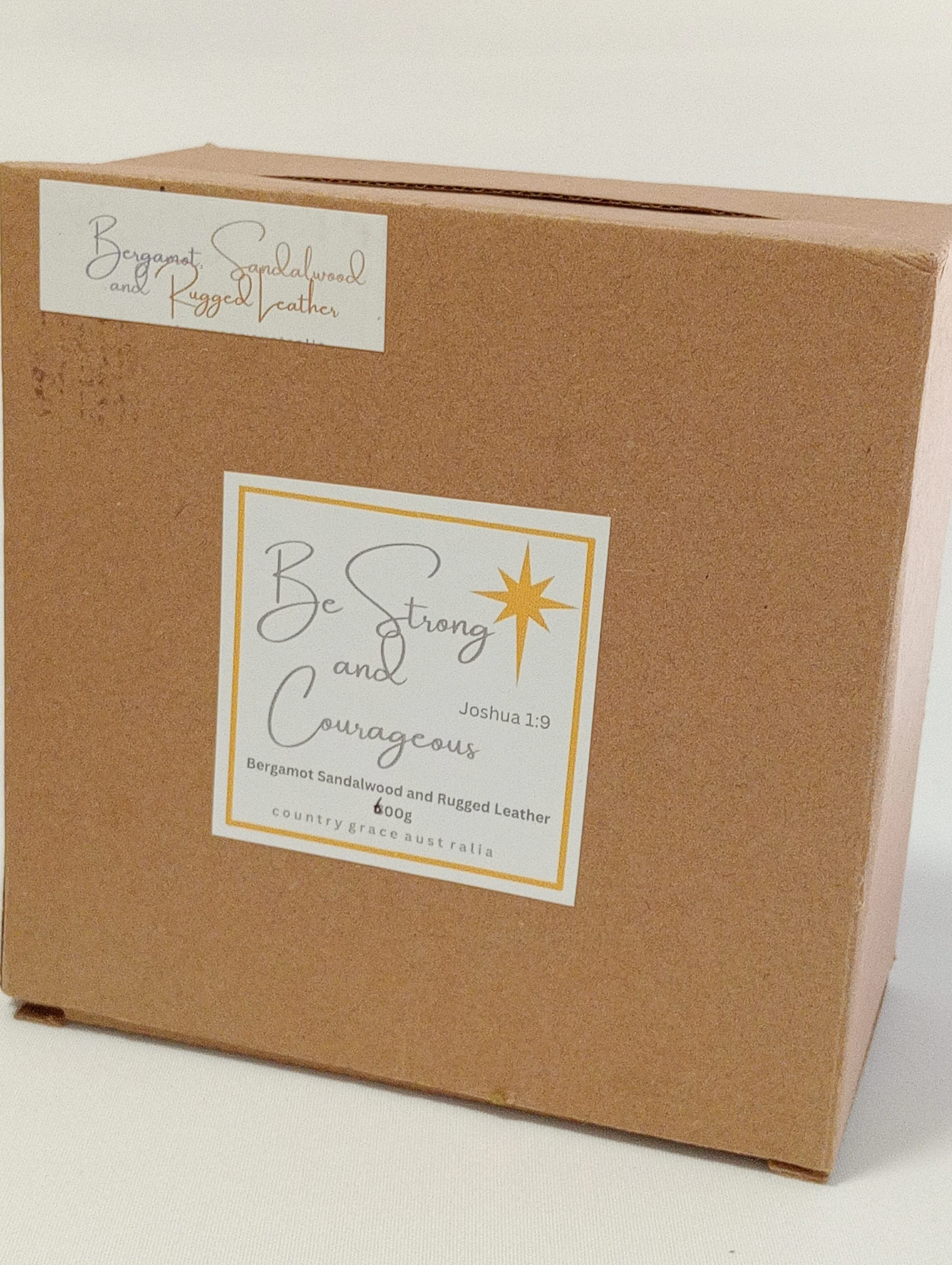 SOY CANDLE - Be Strong and Courageous - Bergamot Sandalwood and Rugged Leather Fragrance - Available in 4 sizes from 165g to 600g