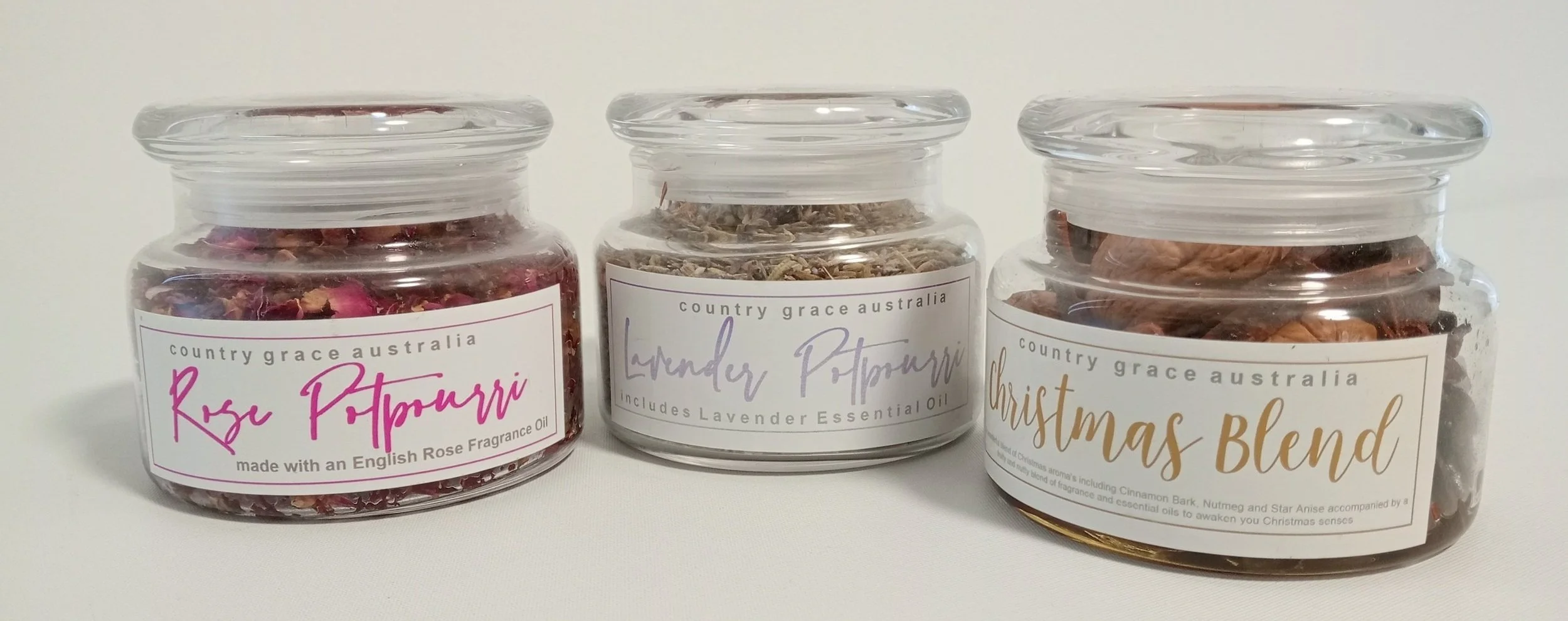 Christmas blend, Rose and Lavender Potpourri. All made with natural ingredients. Available in Apothecary Jars to maintain their fragrant aromas. Place in a breeze way and enjoy your day. Created by Country Grace Australia