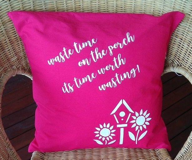 Stencilled Cushion in 100% Cotton in a gorgeous Fuchsia Pink. Measuring 50cm square. It will look great on your porch with your other cushions.