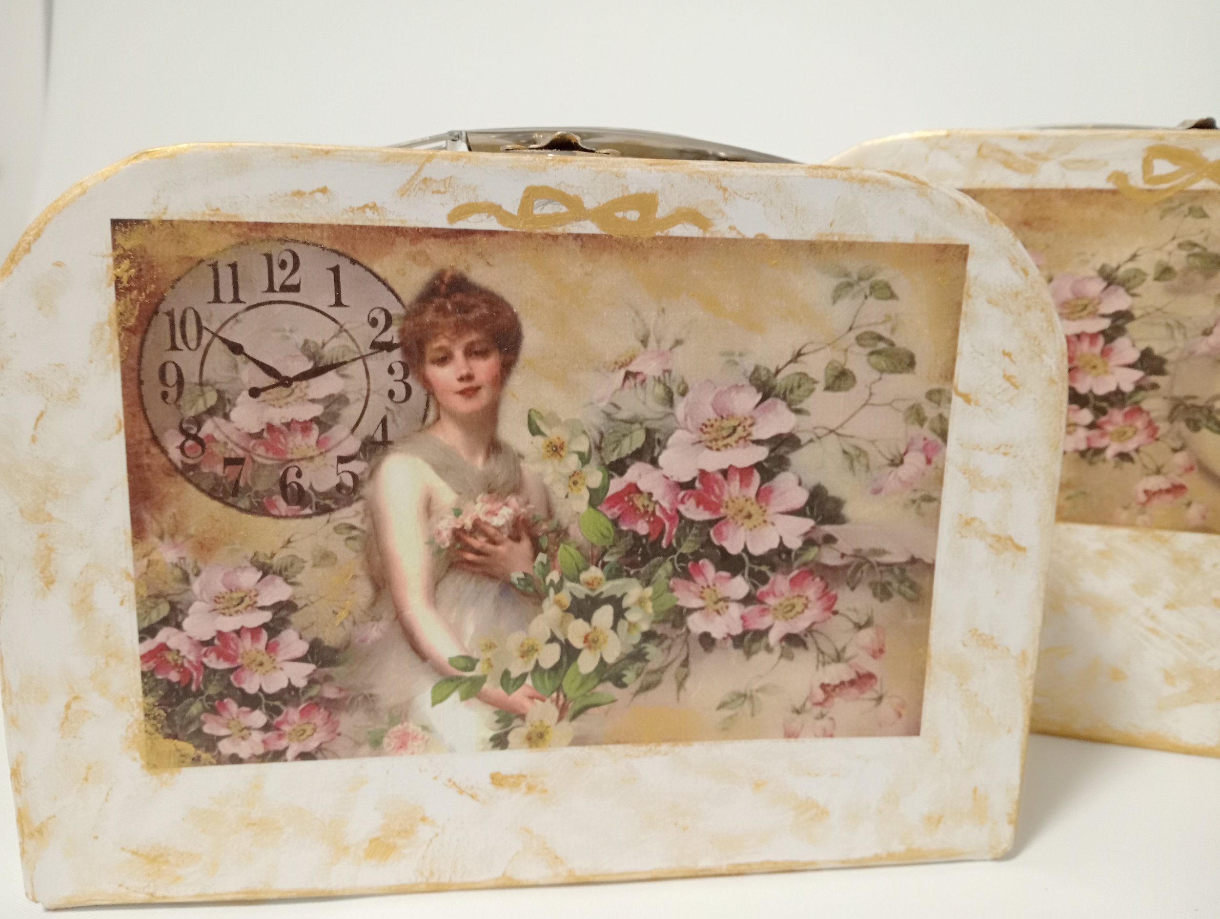 Vintage Look Decoupage Mini suitcases Set of 3 - Hand painted and decoupaged with a vintage flair of an era gone by.