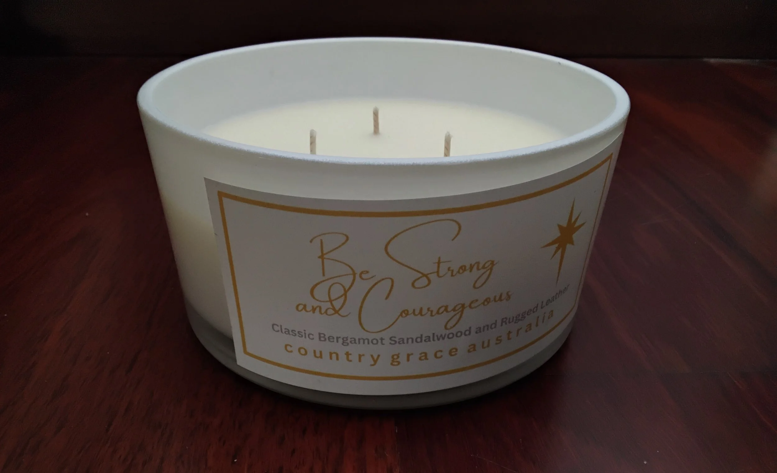 SOY CANDLE - Be Strong and Courageous - Bergamot Sandalwood and Rugged Leather Fragrance - Available in 4 sizes from 165g to 600g