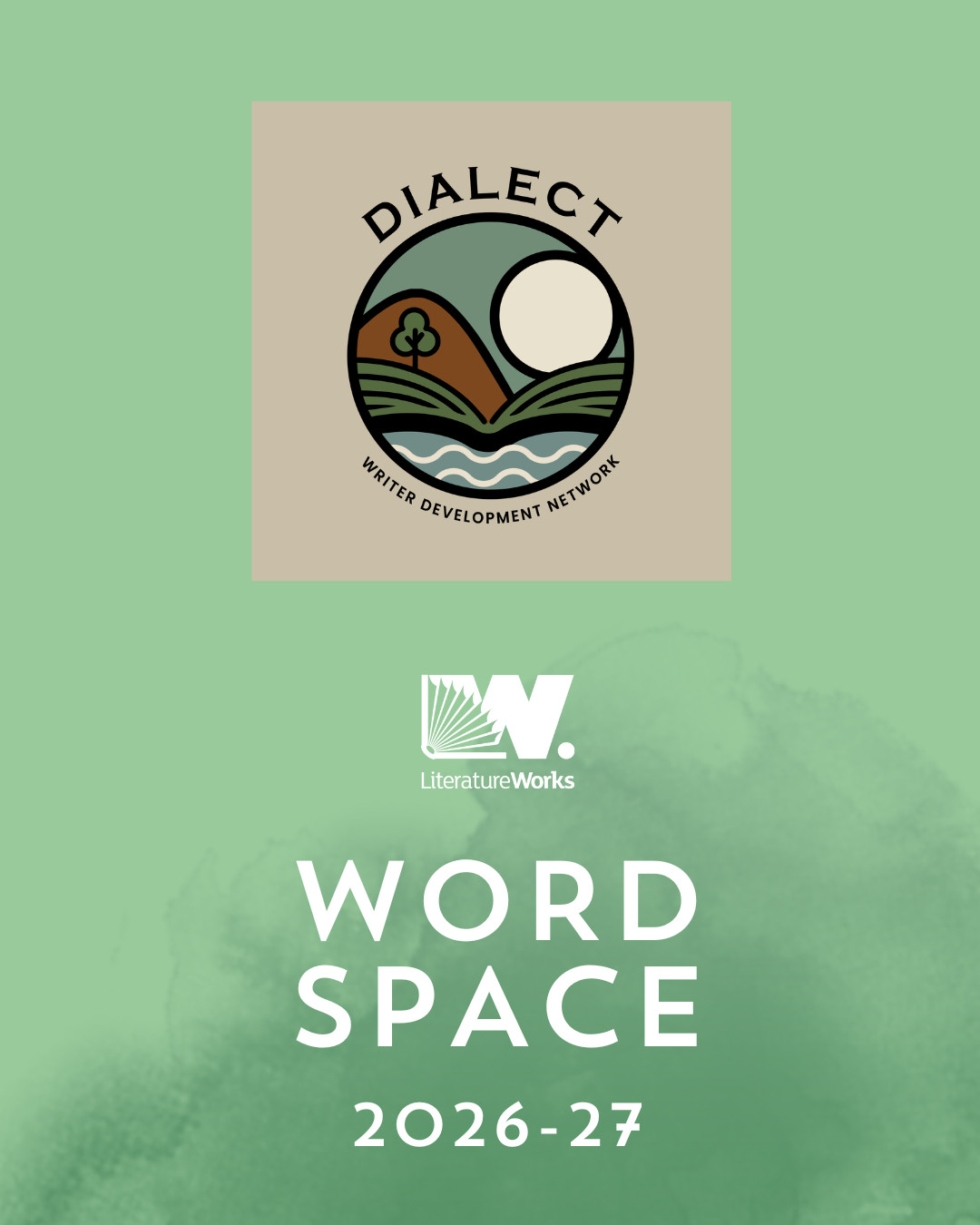 Cover page of LiteratureWorks Word Space 2026-27 with a logo of a landscape featuring a hill, river, tree, and sun.