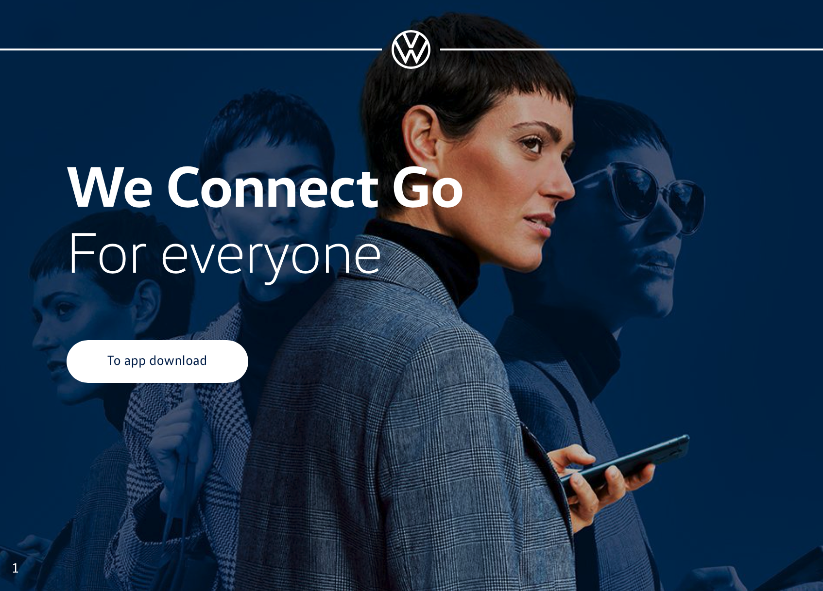 A promotional webpage for Volkswagen showing a group of diverse people, including women and children, with a woman in the foreground holding a smartphone. The text says "We Connect Go for everyone" and features a Volkswagen logo. There is also a butt