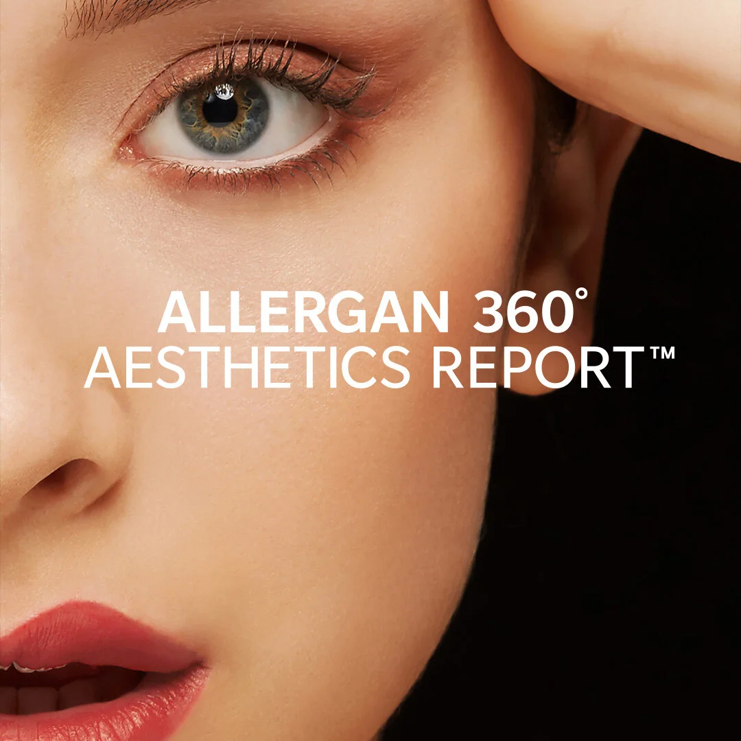 Close-up of a woman's face, focusing on her eye and part of her lips, with the text "ALLERGAN 360° AESTHETICS REPORT" overlaid.