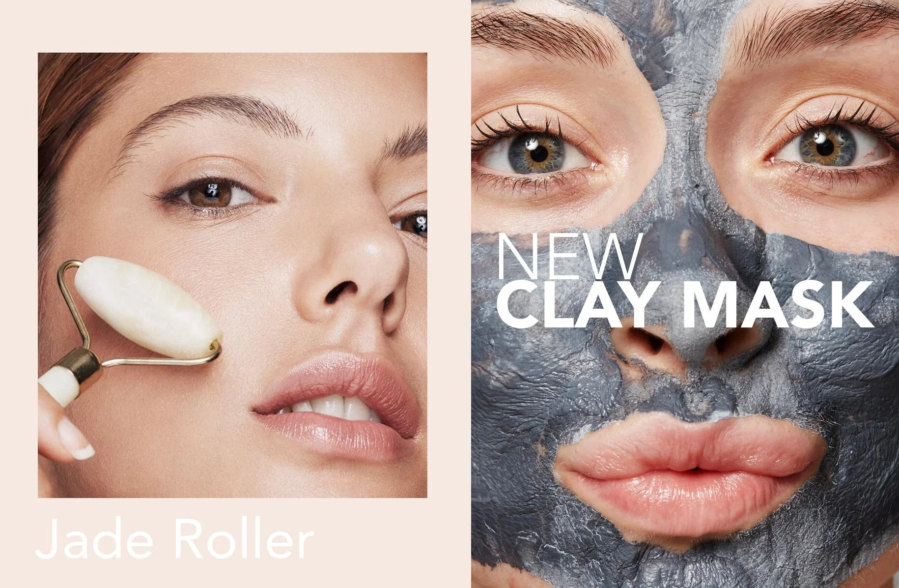 Side-by-side comparison of a woman with clear, glowing skin using a jade roller on her face on the left, and a person with a gray clay mask covering their face, highlighting the 'New Clay Mask' product on the right.
