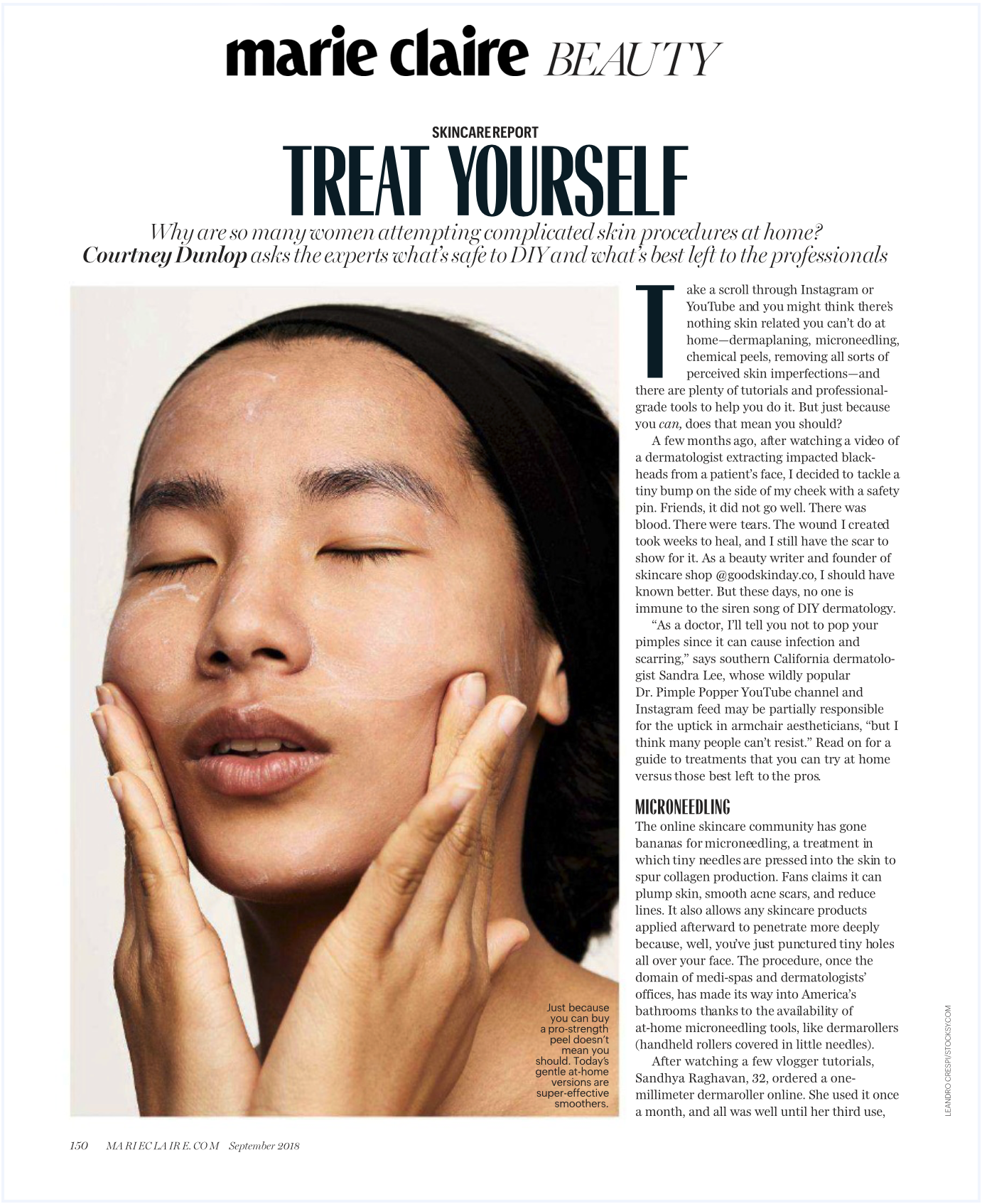 Page from Marie Claire Beauty magazine featuring an article titled 'Treat Yourself' with a close-up image of a woman with smooth skin, eyes closed, touching her face with her hands.