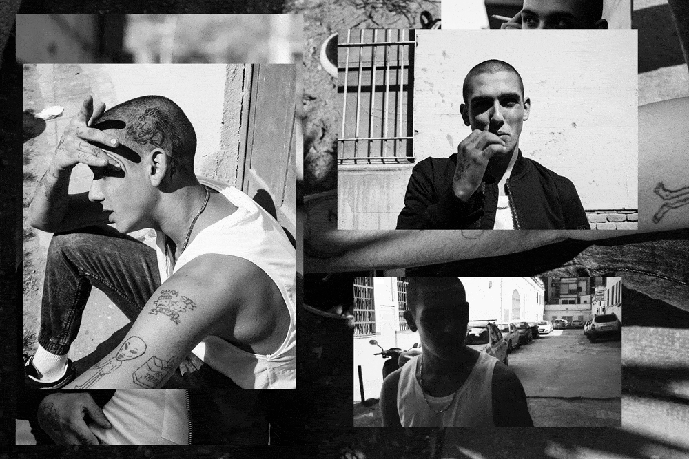 Black and white collage of three young men outdoors. One has tattoos and is sitting with hand on forehead, another is looking directly at the camera with hand near mouth, and the third has sunglasses on, standing near parked cars.