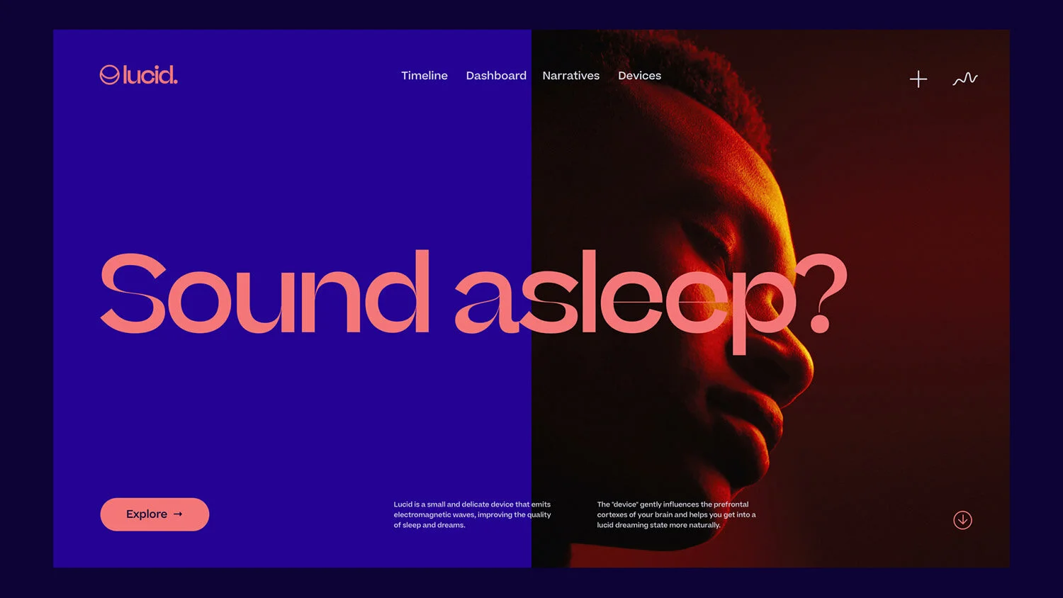 A split webpage with the left side in purple and the right side showing a photo of a person's face in profile with red lighting. Text overlays say 'Sound asleep?' with a button labeled 'Explore'. The top menu includes links to Timeline, Dashboard, Na