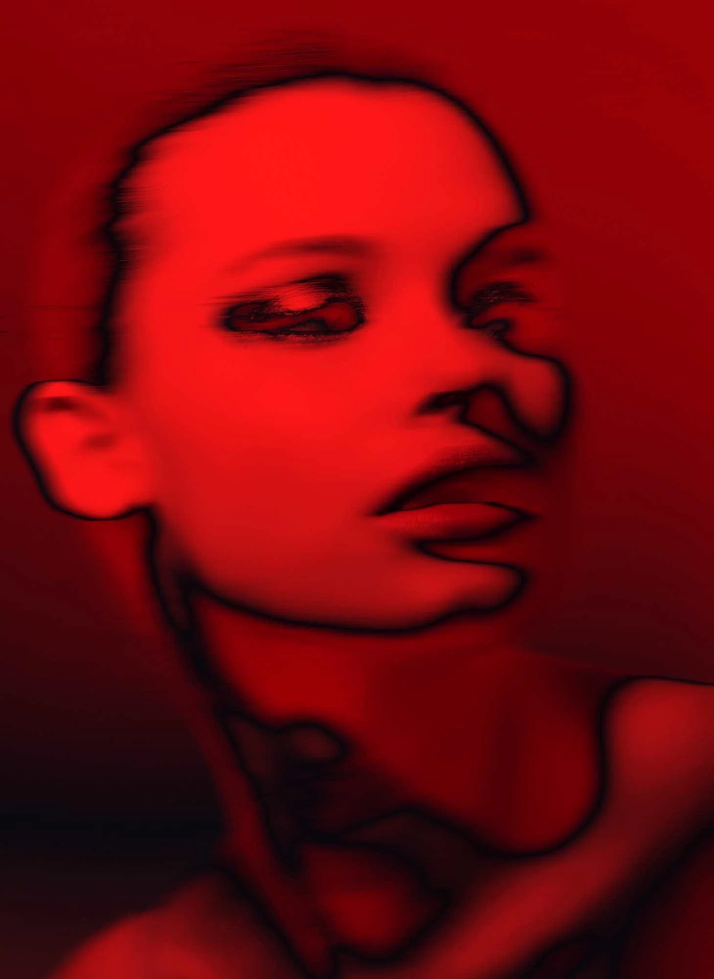 Abstract digital portrait of a woman with dark outlines and red hues, emphasizing facial features.
