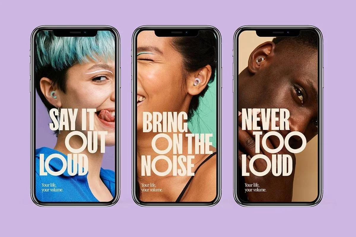 Three smartphones displaying images of diverse people with text promoting loud volume and noise.