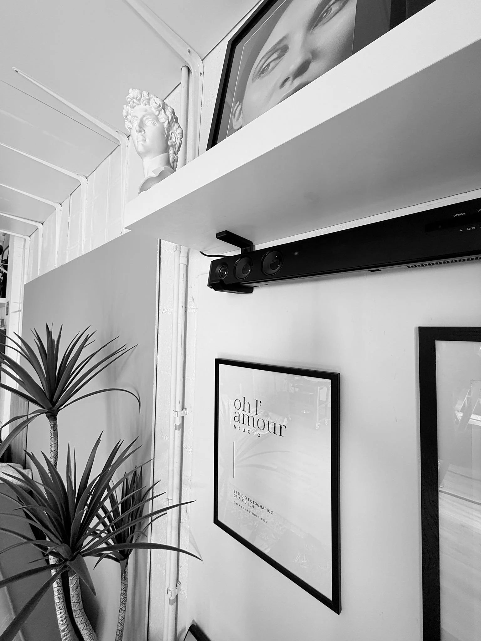 Black-and-white photo of a modern interior with a potted plant in the foreground, a framed poster on the wall that reads 'oh! amour studio,' and a television displaying a close-up of a person's face.