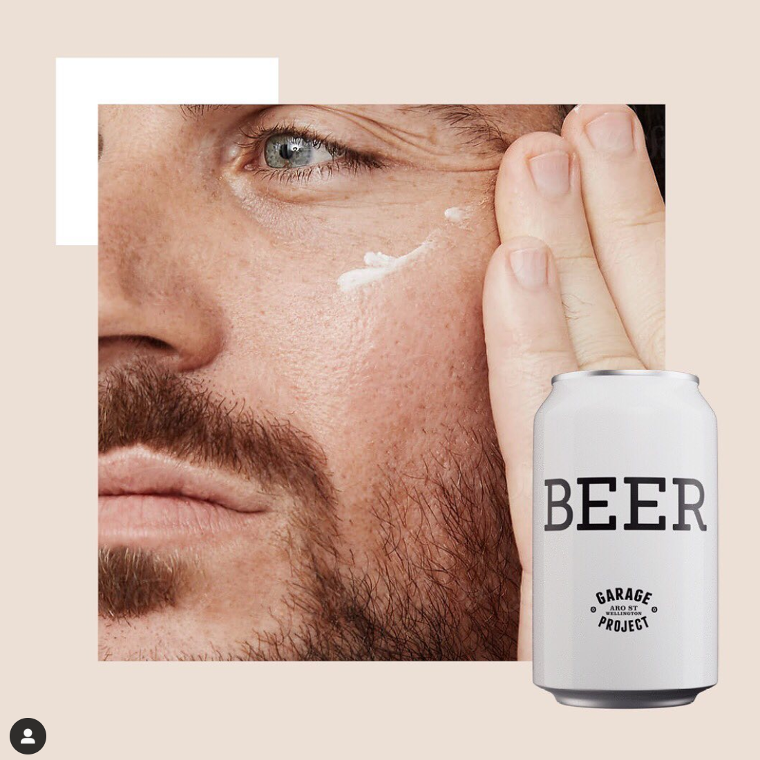 Close-up of a man's face with a beard, applying lotion or cream under his eye, with a can labeled 'BEER' in the foreground.